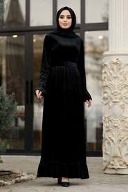 Neva Style - Altı Fırfırlı Siyah Tesettür Kadife Elbise 1430S - Thumbnail