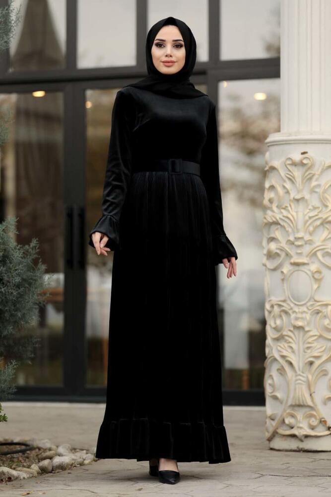 Neva Style - Altı Fırfırlı Siyah Tesettür Kadife Elbise 1430S - 2