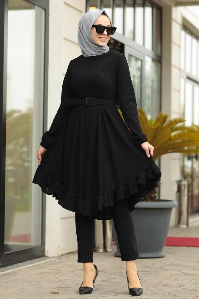 Neva Style - Altı Fırfırlı Siyah Tesettür Tunik 120130S - 1