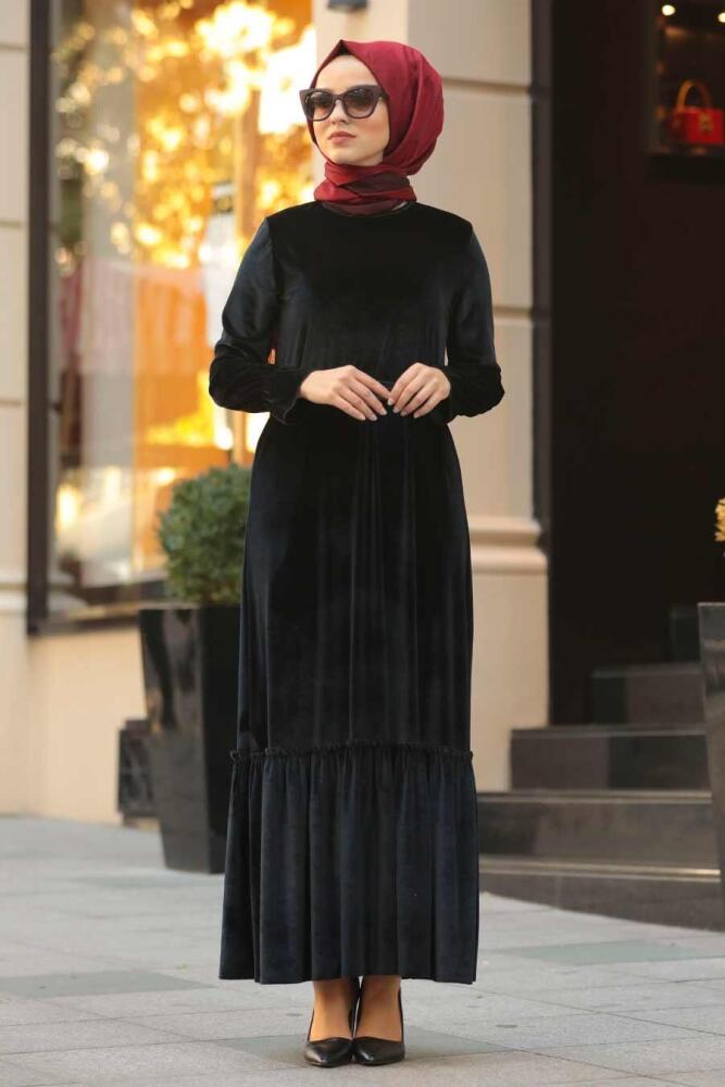 Neva Style - Altı Fırfırlı Siyah Tesettür Kadife Elbise 50530S - 1