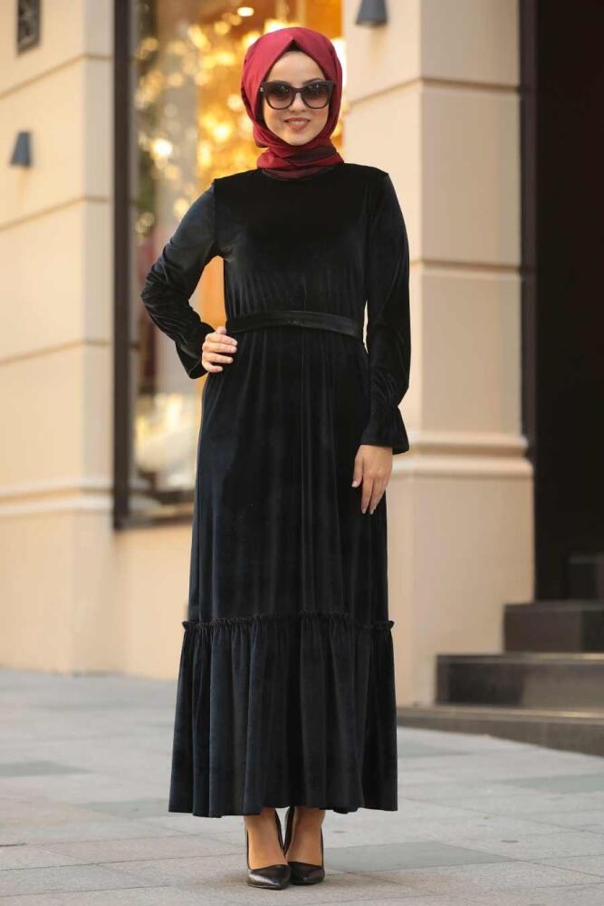 Neva Style - Altı Fırfırlı Siyah Tesettür Kadife Elbise 50530S - 2