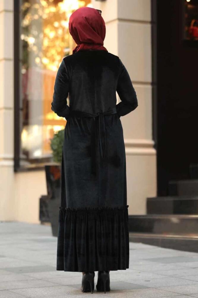 Neva Style - Altı Fırfırlı Siyah Tesettür Kadife Elbise 50530S - 3