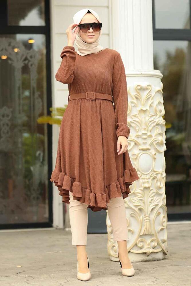 Neva Style - Altı Fırfırlı Taba Tesettür Tunik 120130TB - 1