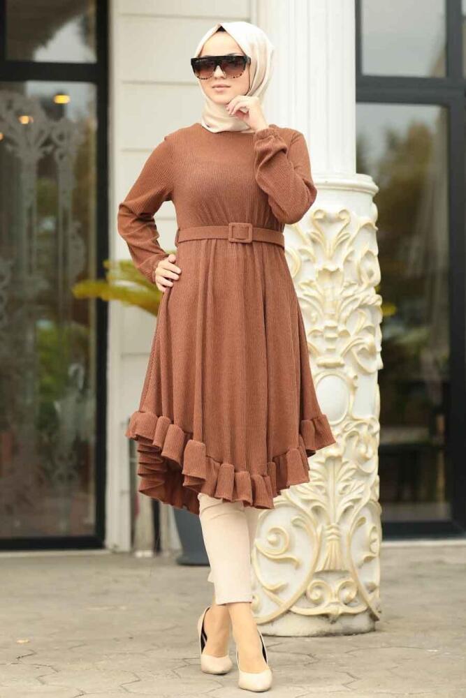 Neva Style - Altı Fırfırlı Taba Tesettür Tunik 120130TB - 2