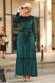 Neva Style - Altı Fırfırlı Yeşil Tesettür Kadife Elbise 50530Y - Thumbnail