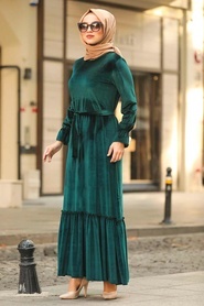 Neva Style - Altı Fırfırlı Yeşil Tesettür Kadife Elbise 50530Y - Thumbnail