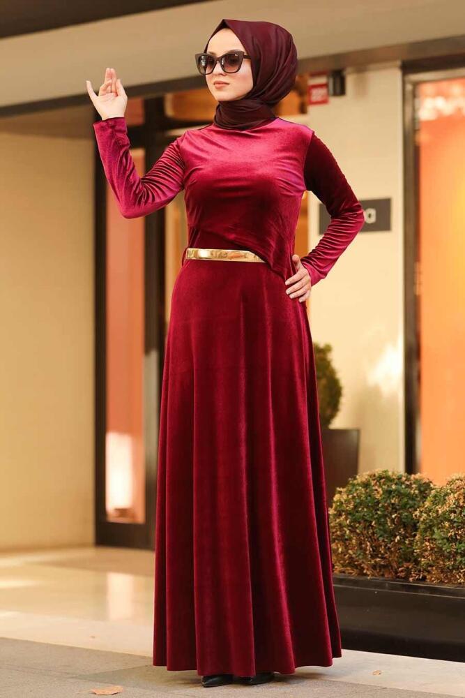 Neva Style - Altın Kemerli Bordo Tesettür Kadife Elbise 32940BR - 1