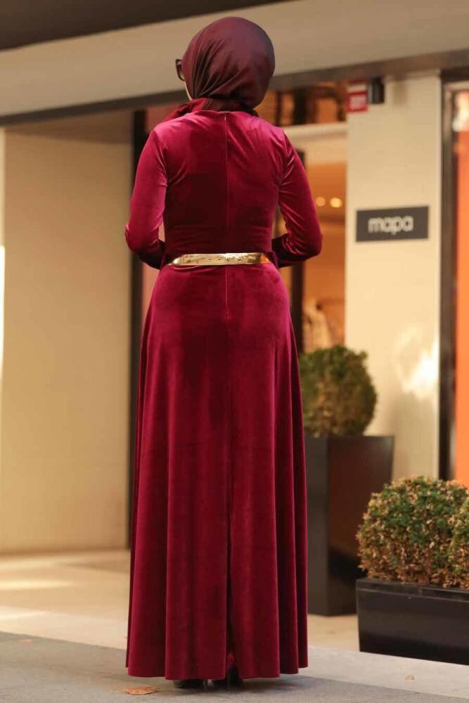 Neva Style - Altın Kemerli Bordo Tesettür Kadife Elbise 32940BR - 2