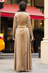 Neva Style - Altın Kemerli Camel Tesettür Kadife Elbise 32940C - Thumbnail