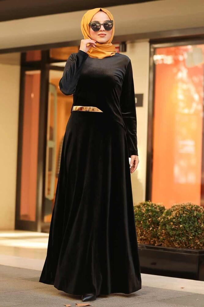 Neva Style - Altın Kemerli Siyah Tesettür Kadife Elbise 32940S - 2