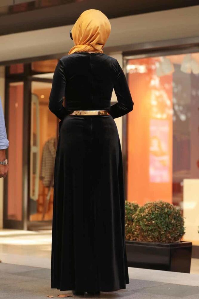 Neva Style - Altın Kemerli Siyah Tesettür Kadife Elbise 32940S - 3