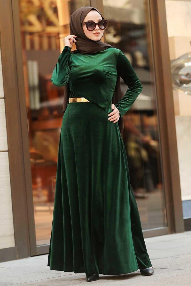 Neva Style - Altın Kemerli Yeşil Tesettür Kadife Elbise 32940Y - 1