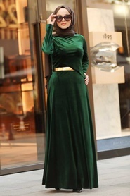 Neva Style - Altın Kemerli Yeşil Tesettür Kadife Elbise 32940Y - Thumbnail