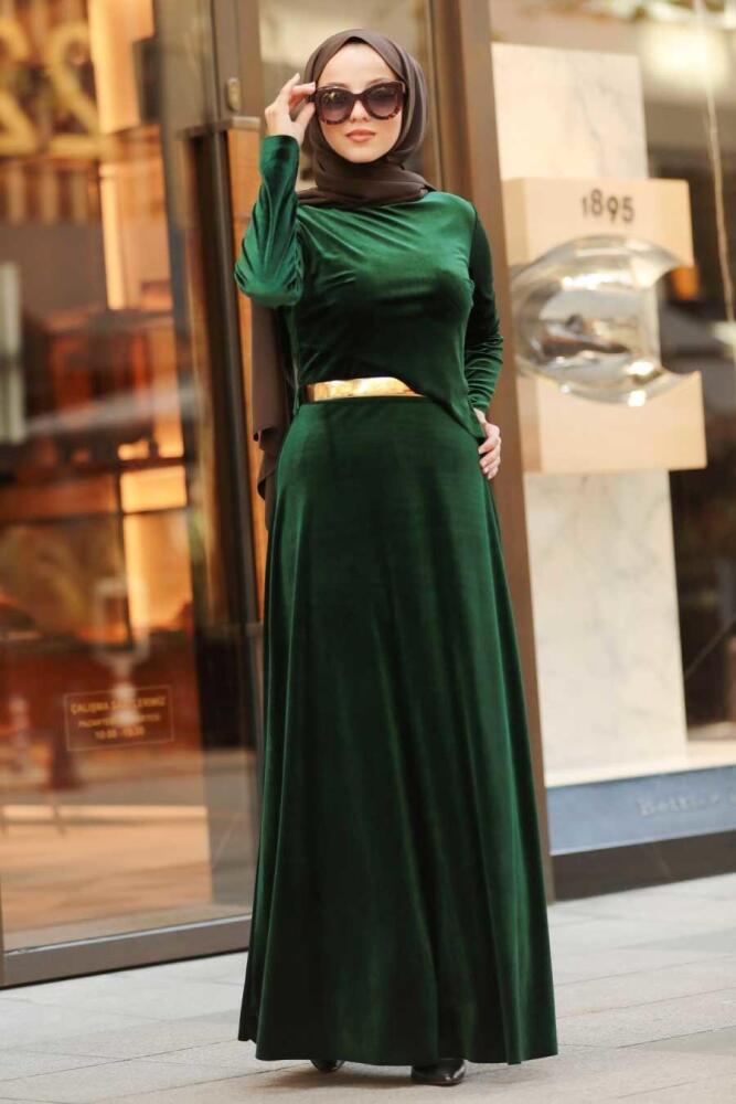 Neva Style - Altın Kemerli Yeşil Tesettür Kadife Elbise 32940Y - 2