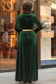 Neva Style - Altın Kemerli Yeşil Tesettür Kadife Elbise 32940Y - Thumbnail