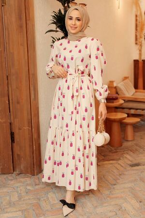 Neva Style - Ananas Desenli Fuşya Tesettür Elbise 2319F - 2