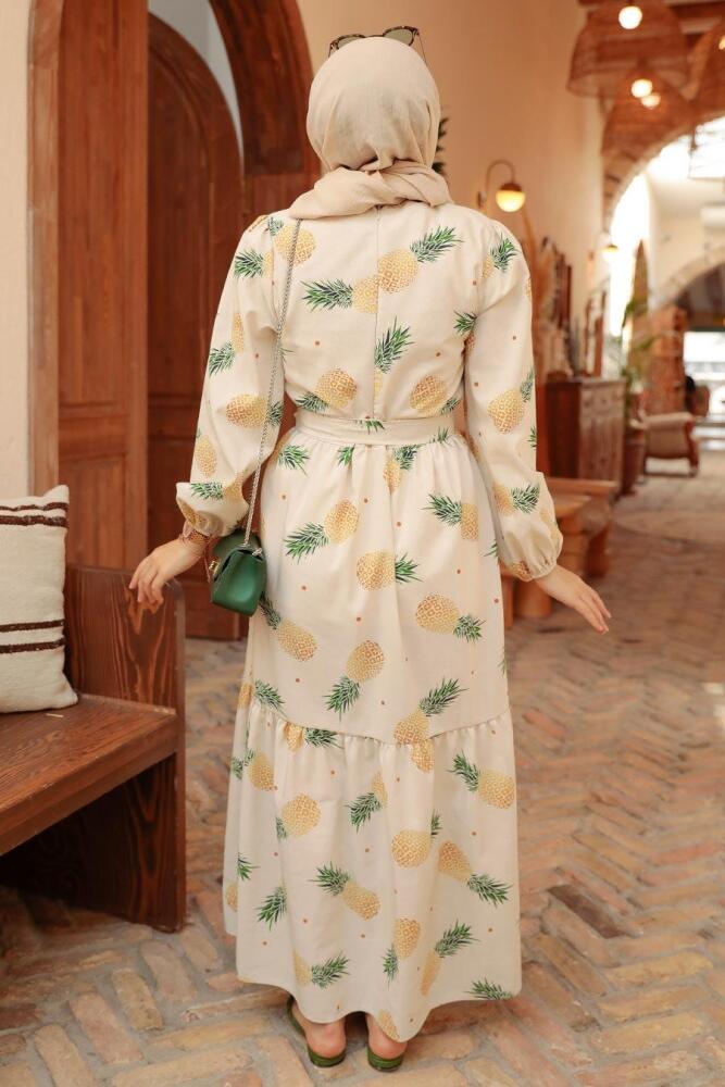 Neva Style - Ananas Desenli Yeşil Tesettür Elbise 2332Y - 3