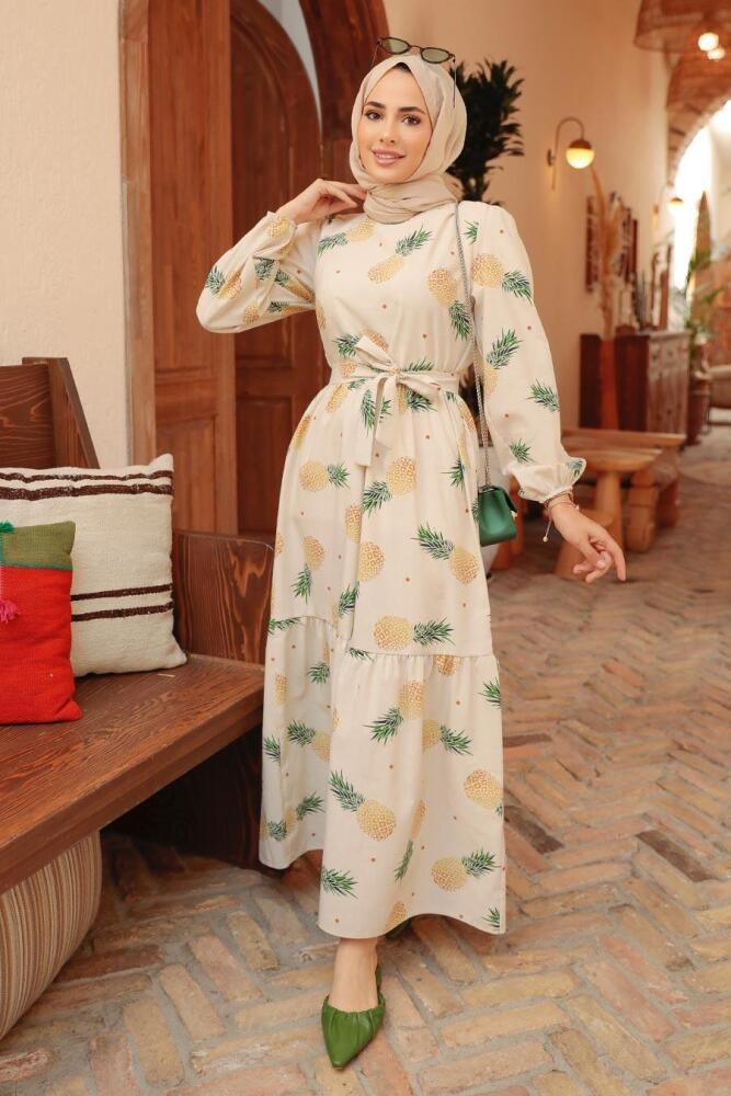 Neva Style - Ananas Desenli Yeşil Tesettür Elbise 2332Y - 1