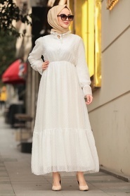 Neva Style - Aplikeli Beyaz Tesettür Elbise 10077B - Thumbnail