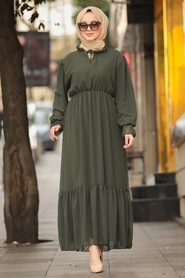 Neva Style - Aplikeli Haki Tesettür Elbise 10077HK - Thumbnail