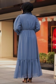 Neva Style - Aplikeli İndigo Mavisi Tesettür Elbise 10077IM - Thumbnail