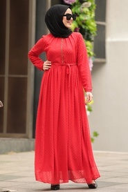 Neva Style - Aplikeli Kırmızı Tesettür Elbise 44701K - Thumbnail