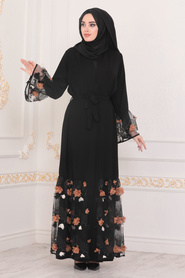 Neva Style - Aplikeli Siyah Tesettür Abaya 9186S - Thumbnail