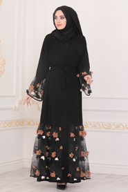 Neva Style - Aplikeli Siyah Tesettür Abaya 9186S - Thumbnail