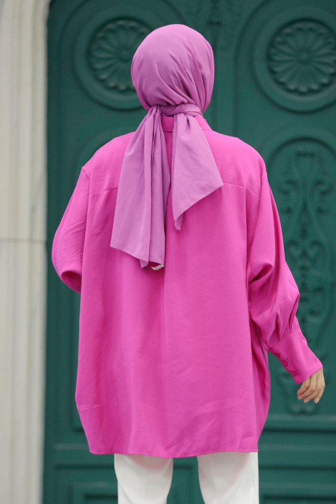 Neva Style - Arkası Uzun Fuşya Tesettür Gömlek 10236F - 4