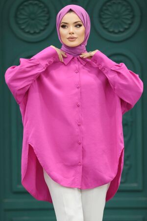 Neva Style - Arkası Uzun Fuşya Tesettür Gömlek 10236F - 2