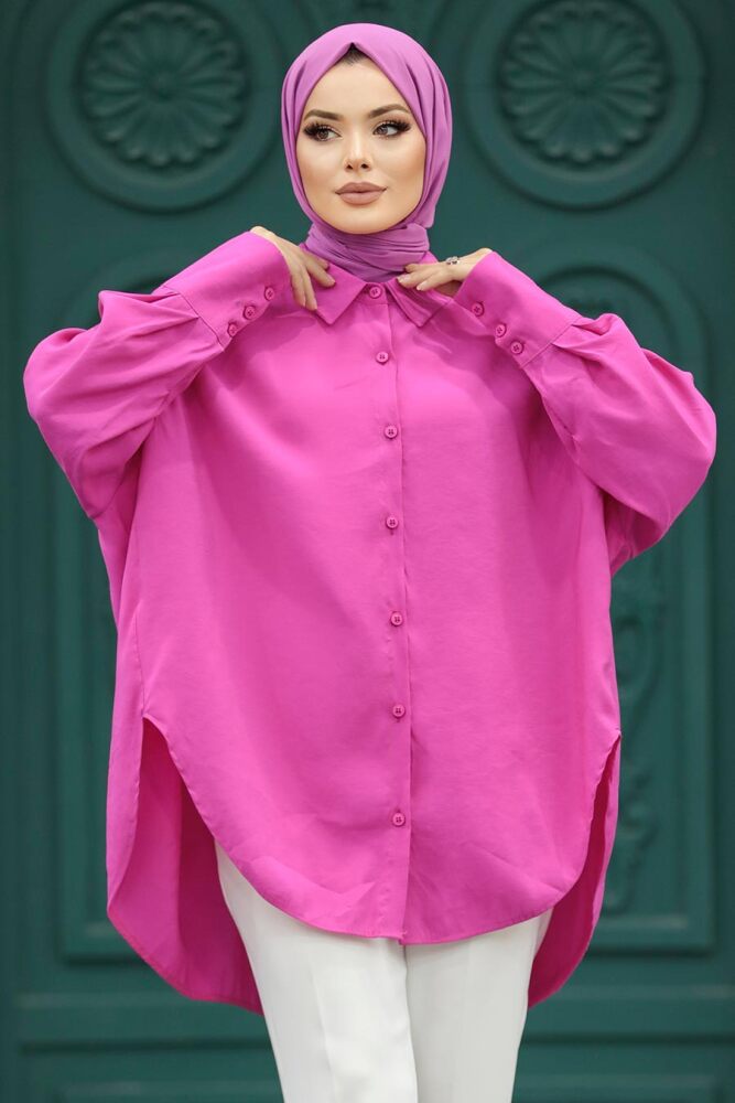Neva Style - Arkası Uzun Fuşya Tesettür Gömlek 10236F - 2