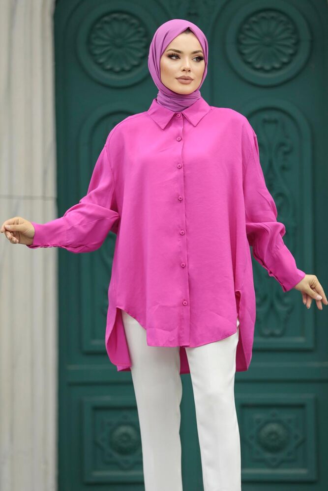 Neva Style - Arkası Uzun Fuşya Tesettür Gömlek 10236F - 3