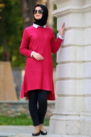 Neva Style - Arkası Uzun Fuşya Tesettür Triko Tunik 2499F - 1