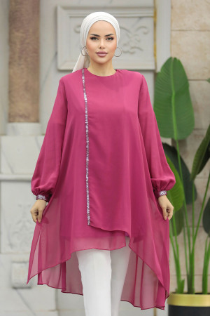  Arkası Uzun Fuşya Tesettür Tunik 24030F - NEVA STYLE