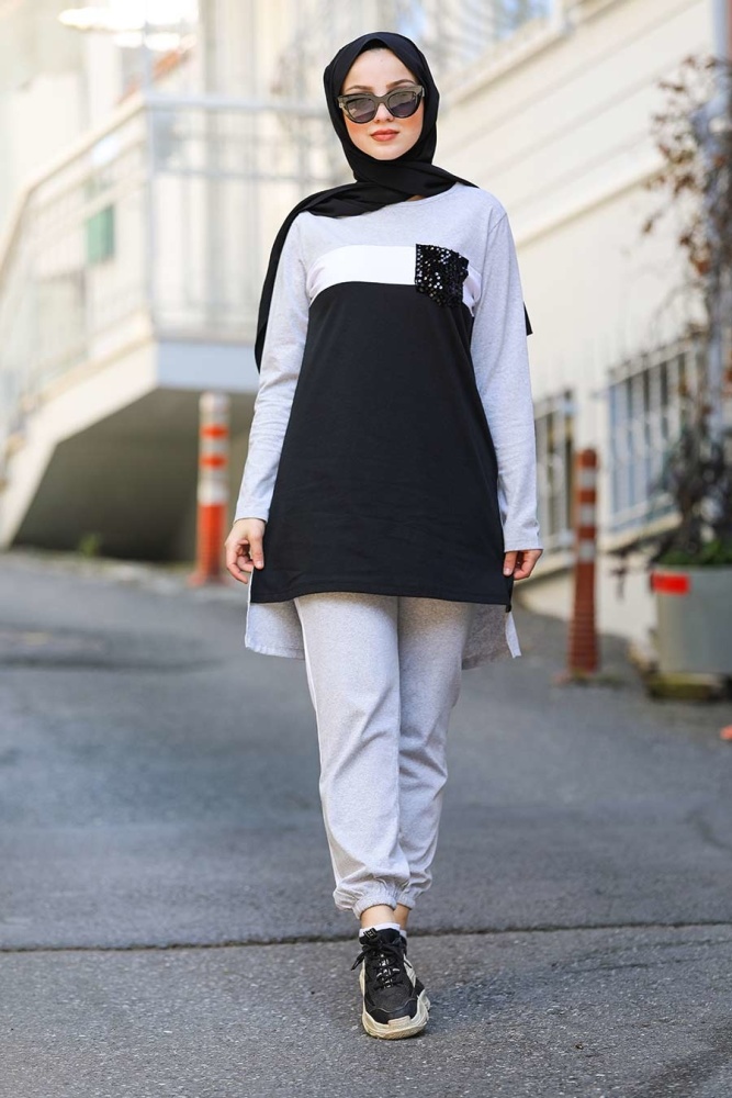 Neva Style - Arkası Uzun Gri Tesettür İkili Takım 90470GR - 1