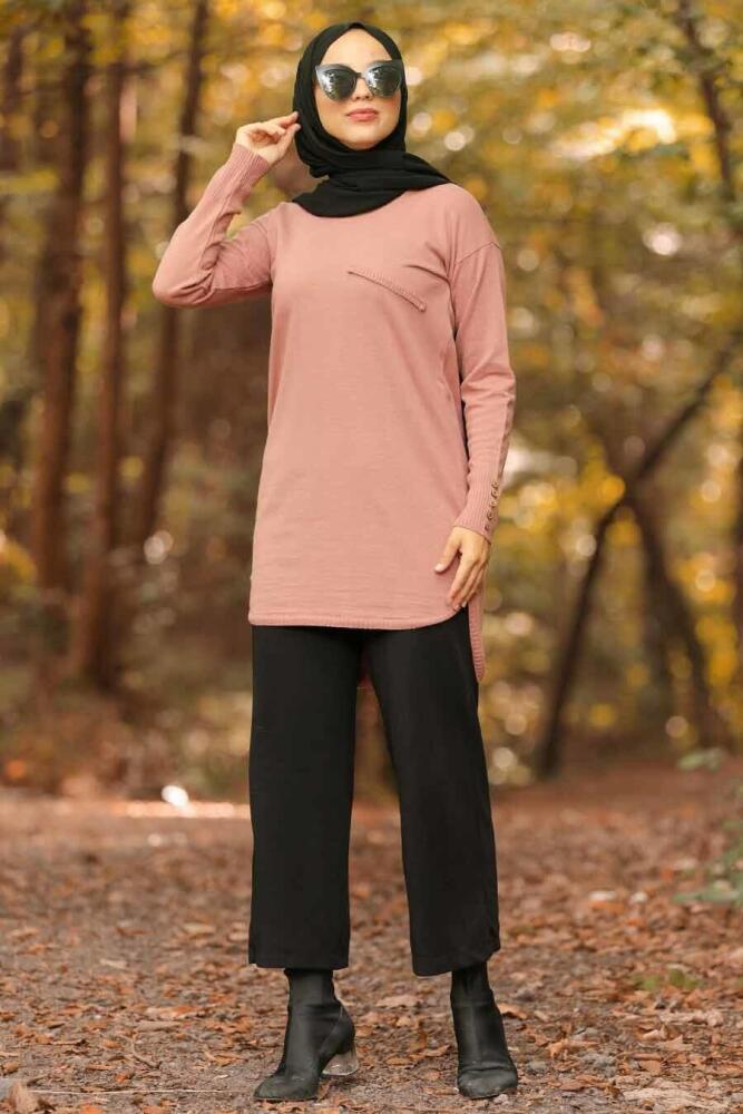 Neva Style - Arkası Uzun Gül Kurusu Tesettür Triko Tunik 210302GK - 1