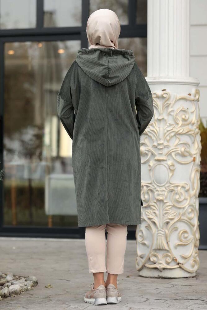 Neva Style - Arkası Uzun Haki Tesettür Fitilli Kadife Tunik 12044HK - 2