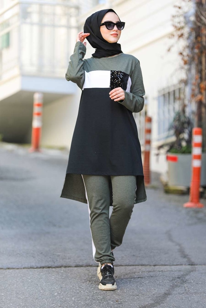 Neva Style - Arkası Uzun Haki Tesettür İkili Takım 90470HK - 1