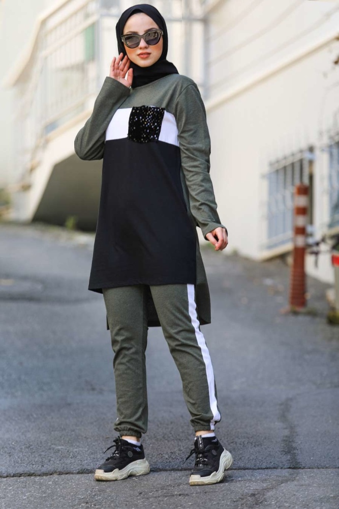 Neva Style - Arkası Uzun Haki Tesettür İkili Takım 90470HK - 2