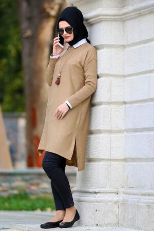 Neva Style - Arkası Uzun Kahverengi Tesettür Triko Tunik 2499KH - 1