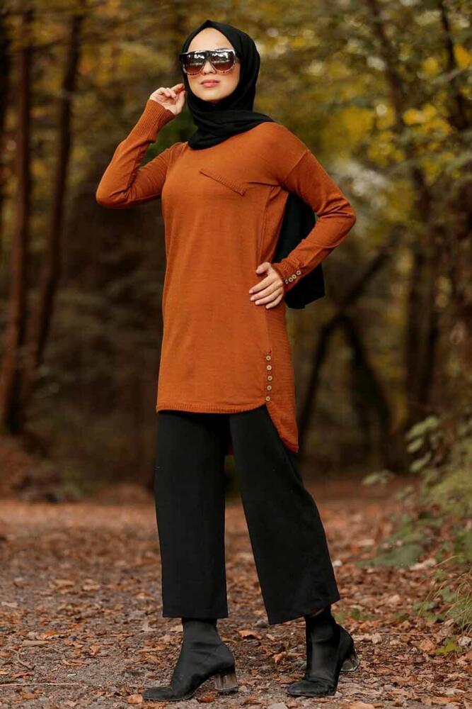 Neva Style - Arkası Uzun Kiremit Tesettür Triko Tunik 210302KRMT - 1