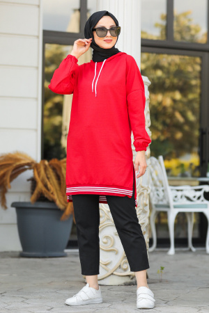 Neva Style - Arkası Uzun Kırmızı Tesettür Sweatshirt & Tunik 40231K - 1