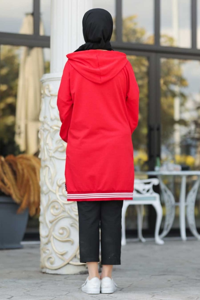 Neva Style - Arkası Uzun Kırmızı Tesettür Sweatshirt & Tunik 40231K - 2