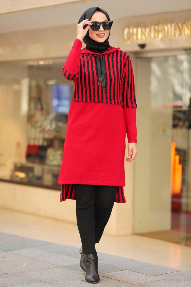 Neva Style - Arkası Uzun Kırmızı Tesettür Triko Tunik 15639K - 1