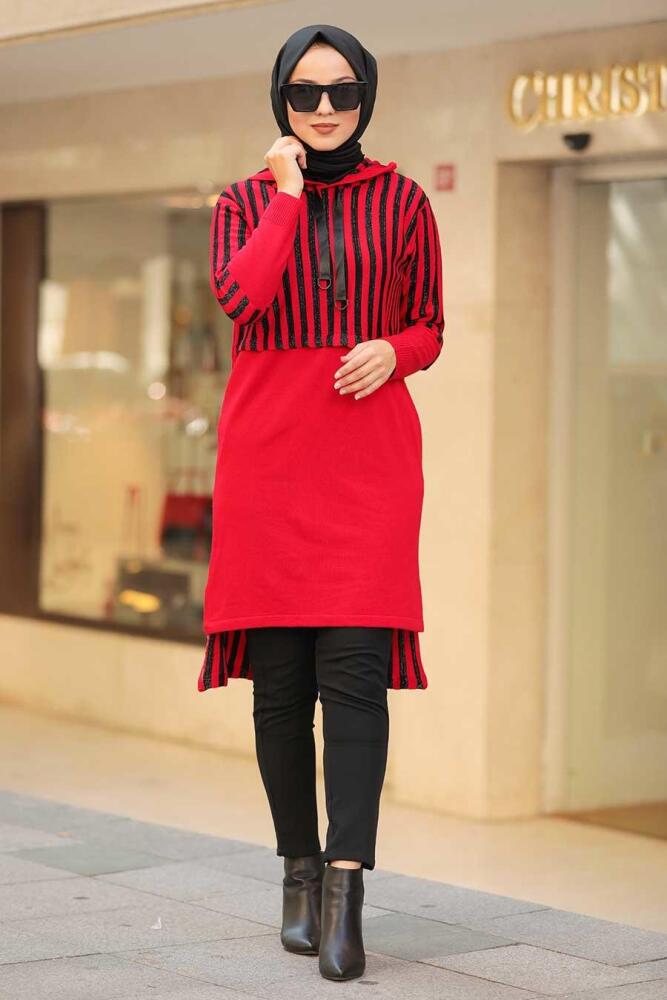 Neva Style - Arkası Uzun Kırmızı Tesettür Triko Tunik 15639K - 2