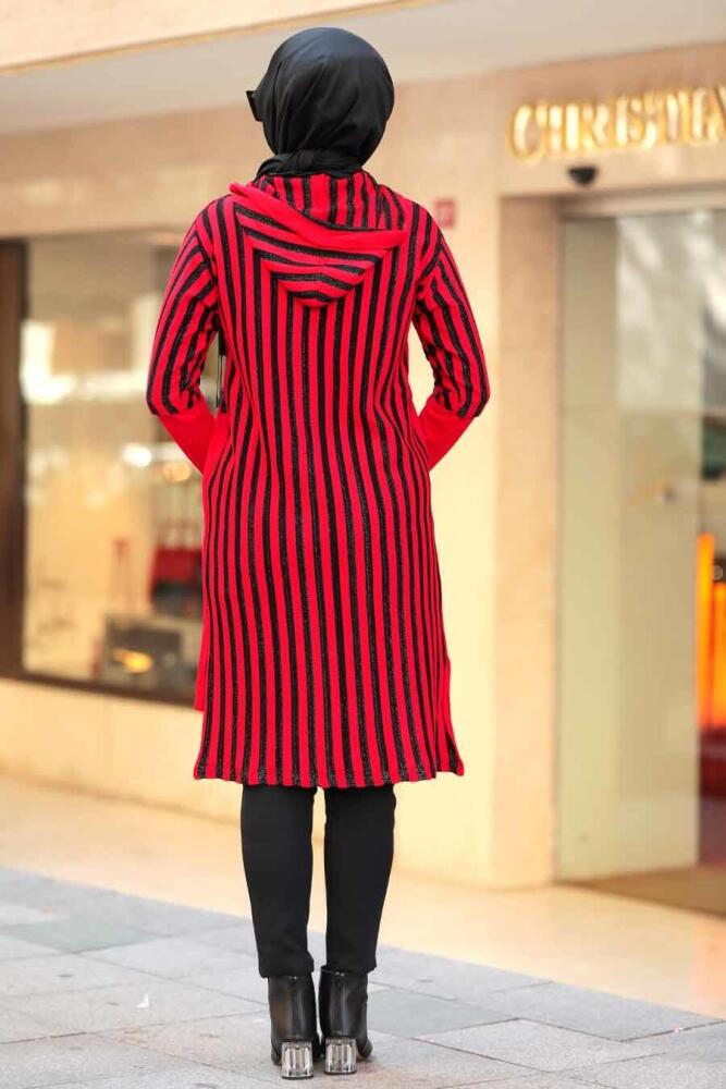 Neva Style - Arkası Uzun Kırmızı Tesettür Triko Tunik 15639K - 3