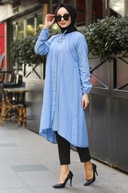 Neva Style - Arkası Uzun Mavi Tesettür Kot Tunik 4440M - Thumbnail