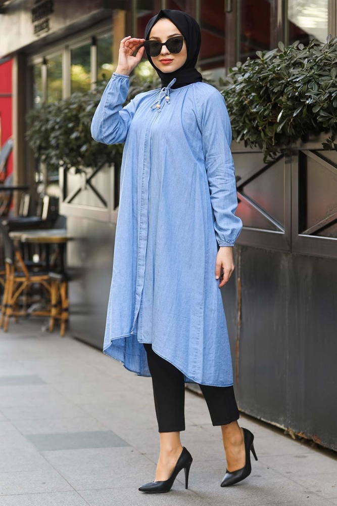 Neva Style - Arkası Uzun Mavi Tesettür Kot Tunik 4440M - 1