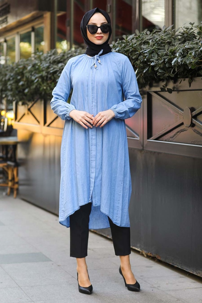 Neva Style - Arkası Uzun Mavi Tesettür Kot Tunik 4440M - 2