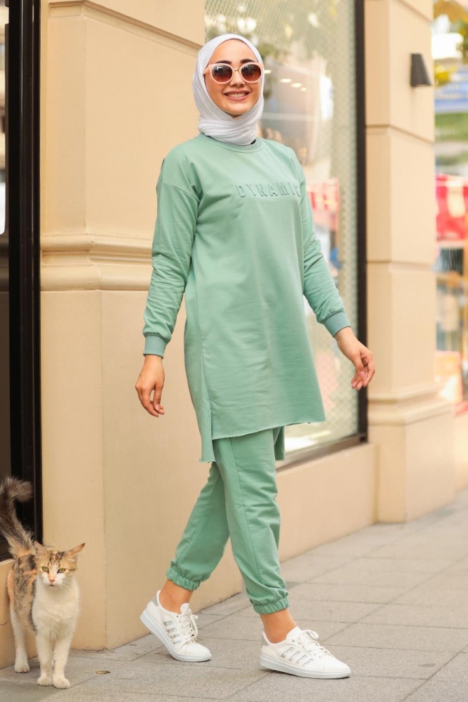 Neva Style - Arkası Uzun Mint Tesettür İkili Takım 5741MINT - 1